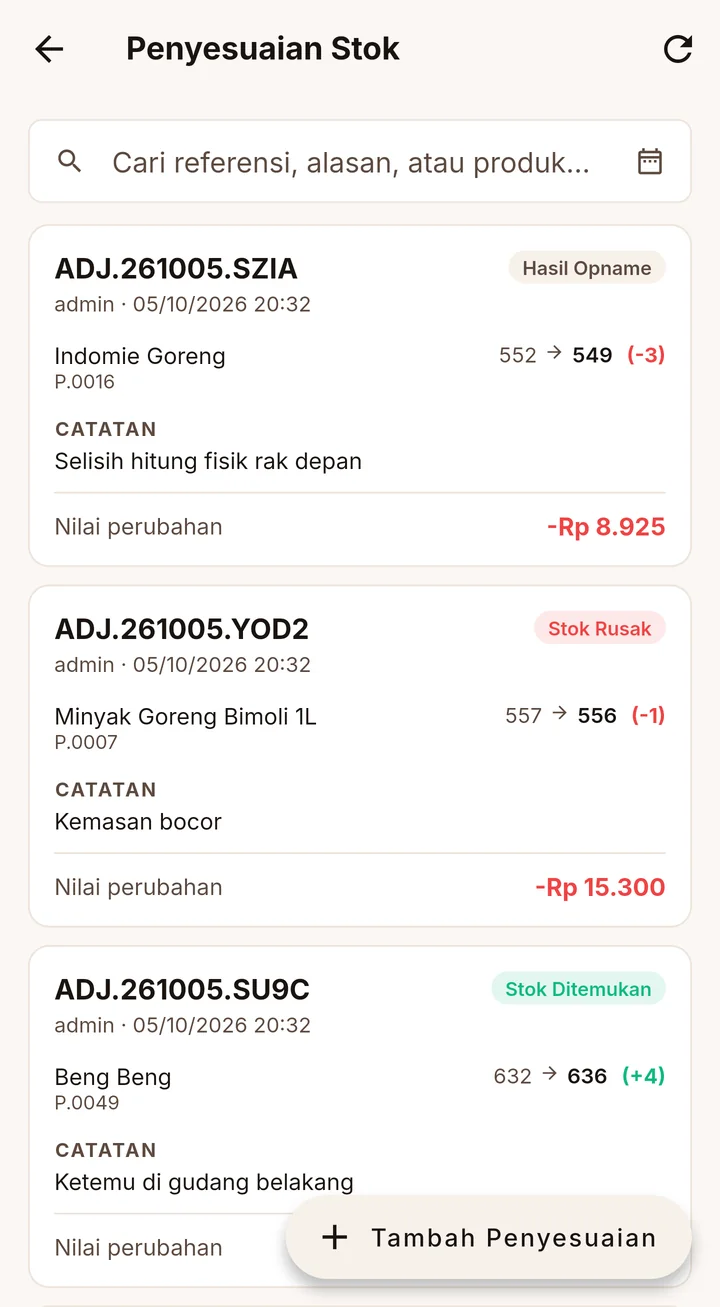 Daftar penyesuaian stok: hasil opname Indomie Goreng 552 menjadi 549 senilai minus Rp 8.925, stok rusak Minyak Goreng minus Rp 15.300, stok ditemukan Beng Beng plus 4.