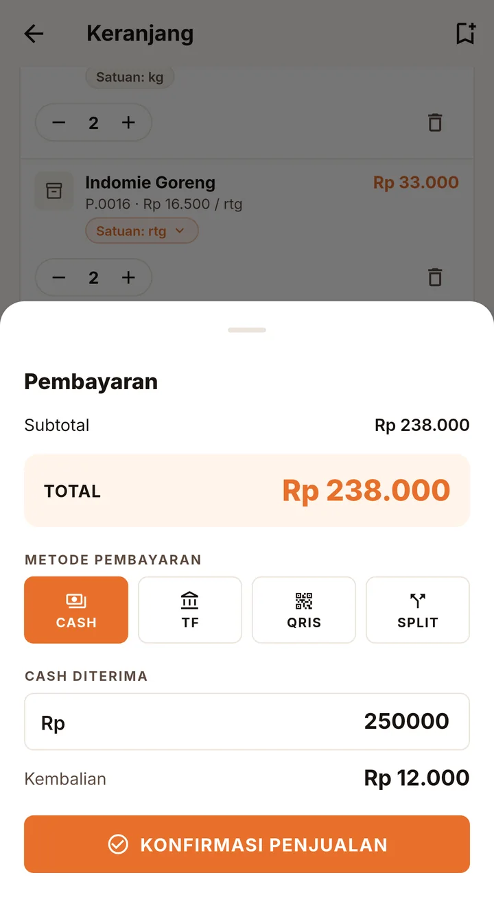Layar pembayaran di aplikasi Android QIMS: total Rp 238.000, metode cash, cash diterima Rp 250.000, kembalian Rp 12.000.
