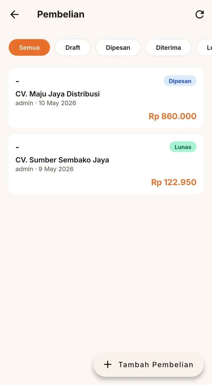 Daftar pembelian QIMS dengan filter status draft, dipesan, diterima; satu pesanan berstatus dipesan Rp 860.000 dan satu lunas Rp 122.950.